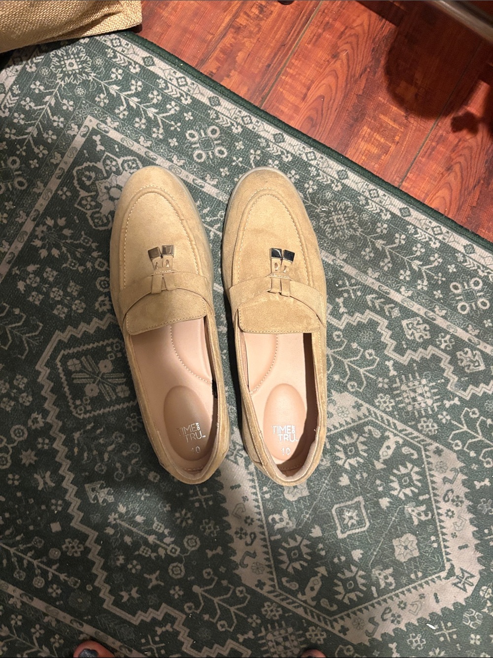 Time and Tru Beige Suede Slip-On Loafers with Metal Accent